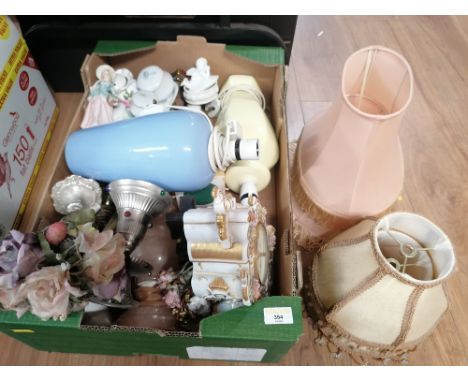 A box of continental Sandizell mantle clock, lamps and ornaments  
