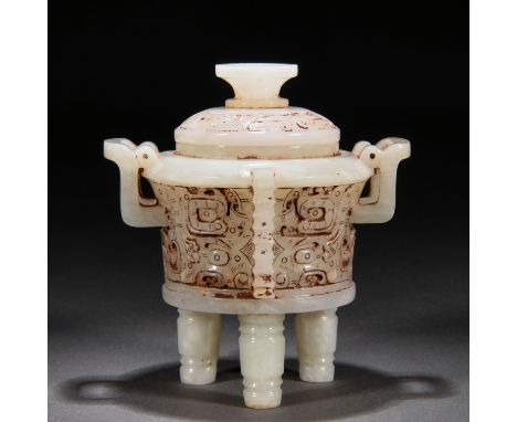 A Chinese Carved Jade Incense Burner H:14cm;W:13cm;807g