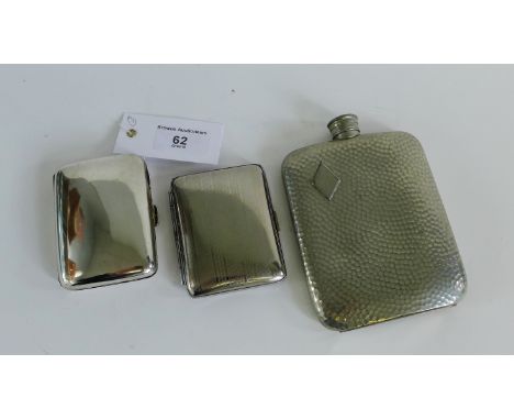 Birmingham silver cigarette case together with an engine turned silver plated cigarette case and a hammered pewter hip flask 