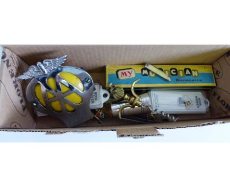 Mixed lot to include a vintage AA car badge, a harmonica, pen knives and a brass corkscrew (a lot)