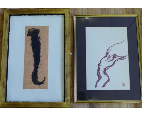 Handpainted Victorian engraving of a shell together with a Japanese "Dancer" print and  Hair II a screenprint (3)