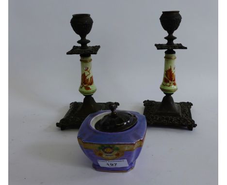 A pair of cast metal and ceramic candlesticks together with a Noritake dish (3) 
