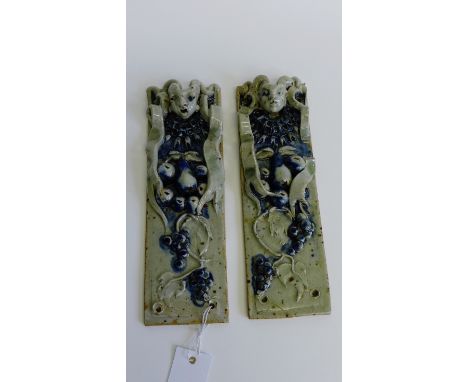 A pair of blue and grey glazed ceramic finger plates (one a/f) 27 x 9cm