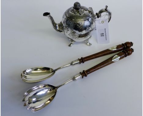 A pair of Epns and wooden salad servers together with an Epns bachelor's teapot (3)