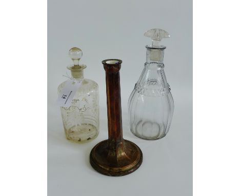 19th century white enamelled decanter and stopper together with a Sheffield plate candlestick and another decanter (3)