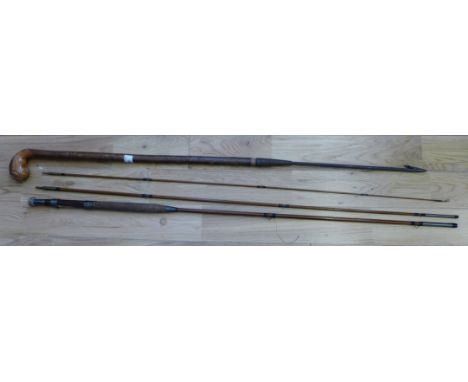 A vintage 3 part trout rod and a spear end walking stick (2) 