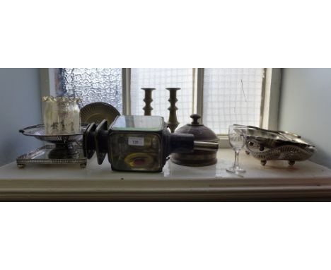 A mixed lot to include a carriage lamp, brass candle sticks etc.   
