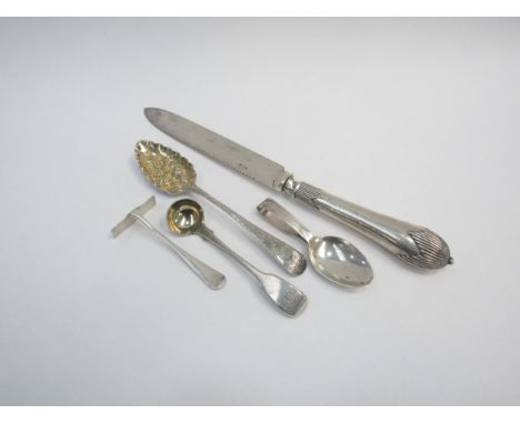 Silver flatware including Georgian berry spoon, feeding spoon and push, Georgian spoon and silver handled knife 