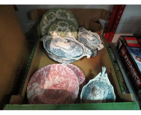 A selection of tablewares including lidded tureens with spoons, Unicorn Asiatic Pheasant plates and Myott "Royal Mail" 