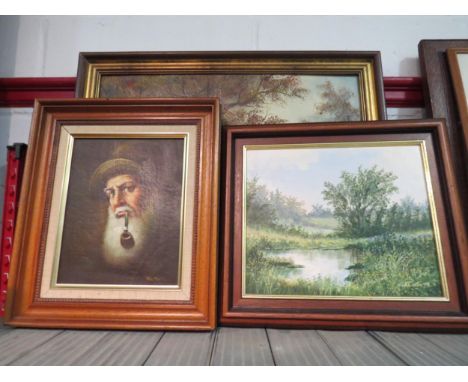 Three oil on boards, Kevin Curtis, Norfolk artist, another portrait signed 'Nelson' and one other (3) 