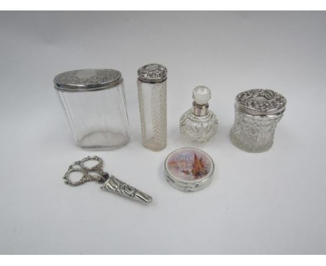 A small quantity of silver and white metal dressing table pots, scent bottle, pair of scissors and an enamel compact a/f 