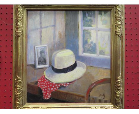 ANDRE DE MOLLER (XX-XXI): An oil on board still-life of hat and portrait on windowsill, gilded classical frame, 29cm x 26.5cm