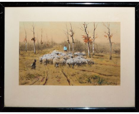 Anton Mauve, Schäfer mit seiner Herde, wohl in Laren/ Nordholland, Aquarell um 1880, gerahmtAnton Mauve, 1838 Zaandam - 1888 