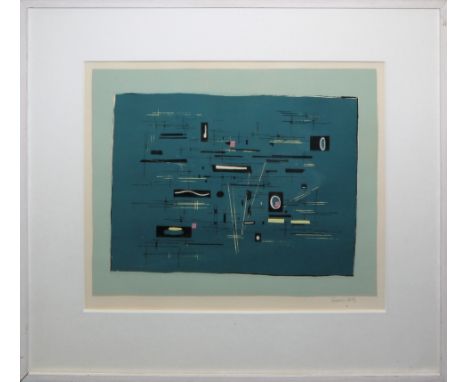 Francis Bott, Geometrisch-phantastische Komposition in "Bott- Blau", signierte Farbserigraphie um 1950, galeriegerahmtFrancis