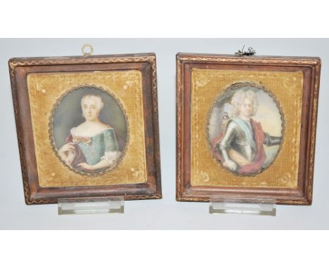 Paar Miniaturen eines edlen Rokoko-Paars, 18. Jh.Halbfigurenbildnis eines Mannes mit Perücke in Ritterrüstung n-r., oval und 