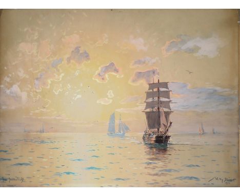Willy Stöwer, "Im Sonnenlicht", Segelschiffe in der Abendstimmung, Aquarell/Gouache von 1922Willy Stöwer, 1864 Wolgast, König