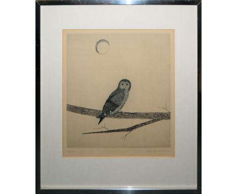 Keiko Minami, "Owl and moon", Aquatinta-Radierung signiert, gerahmt Keiko Minami, 1911 Toyama - 2004 Tokio, japanische Künstl