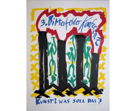 A. R. Penck, „3. Bitterfelder Konferenz, Kunst? Was soll das?", signierte Farbserigraphie von 1990A. R. Penck, 1939 Dresden -