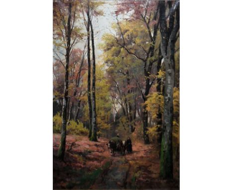 Vitus Staudacher, Herbstlicher Waldweg mit Ochsenkarren und Bäuerinnen, Ölgemälde von 1900 im GoldstuckrahmenVitus Staudacher