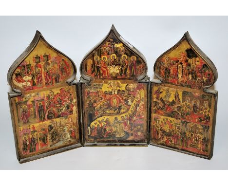 Reise-Ikone Triptychon mit feinster Miniaturmalerei, Russland, 19. Jh.Mehrfelder-Ikone, auf linkem Flügel 6 Felder mit Szenen