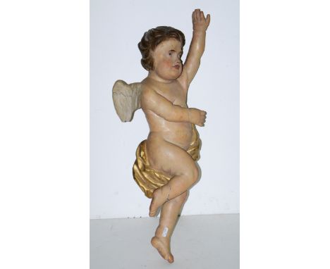 Großer Putto um 1760/80, Holz bemaltRundlicher Putto mit kurzem Flügel und vergoldetem Hüfttuch, mit ausgestreckter Hand gen 