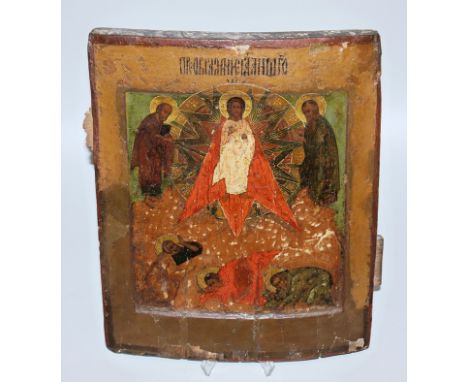 Ikone Metamorphosis (Verklärung Jesu), Russland, 19. Jh.Jesus auf dem Berg Tabor, umgeben von strahlendem Licht, auf der r. S