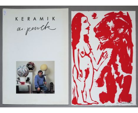 A.R. Penck, Frau und Löwe, sign. Farbserigraphie, beigegeben der Vorzugsausgabe "Keramik ar.penck", Droysen Keramikgalerie Be