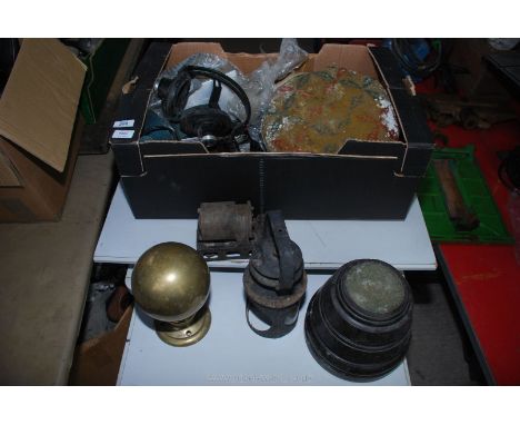 A newel post brass knob, footstool, signalling lamp parts, etc.