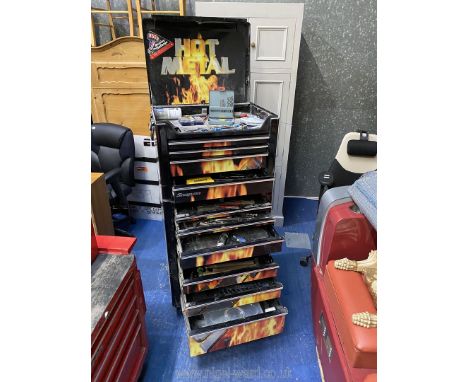 A Black Hot Metal Snap-On Tools Tool Chest on Wheels with keys and various tools including Powerhand PH-BFT-316 Hand Held Bra