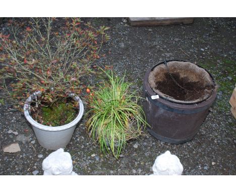 3 x planters including one ceramic, one steel and one plastic, plus a hanging basket.