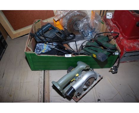 A quantity of electrical items including a sander, saw discs, a nail gun, etc., 