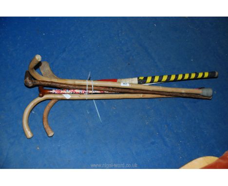 A quantity of walking sticks and a hockey stick.