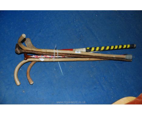 A quantity of walking sticks and a hockey stick.