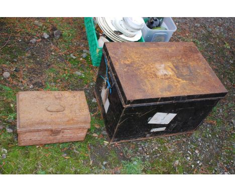 A metal documents box and a large metal trunk.