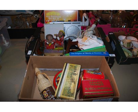 2 x boxes of collectable tins, a table lamp, L.P.'s, Pye Radio, etc.,