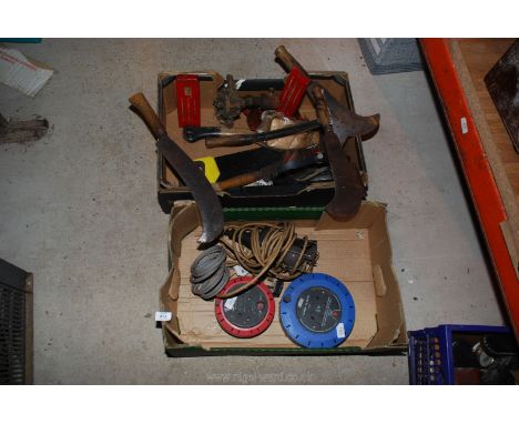 Two boxes of bill hooks, extension leads, axe etc.