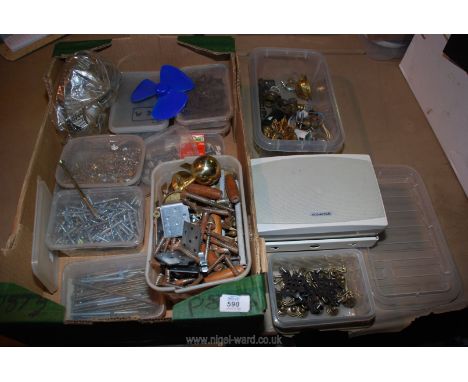 A quantity of nuts and bolts, a Sonance speaker, table lamp parts, etc.,