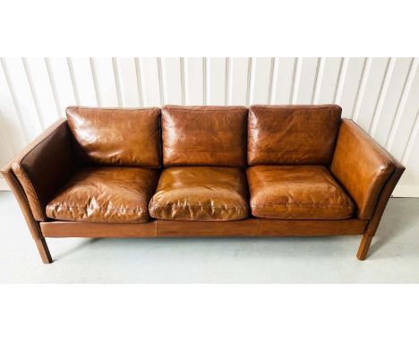 SOFA, 1970s Scandinavian, tan grained hid with seat and back cushions and teak supports, 212cm W. 