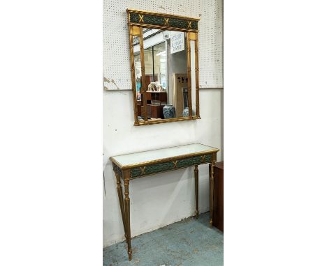 CONSOLE TABLE, 95cm W x 83cm H x 35cm D gilt effect with a mirrored glass top on fluted turned supports and a matching wall m