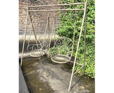 ARCHITECTURAL GARDEN SWING, verdigris finish metal, supporting two seats, 228cm x 180cm x 90cm. 