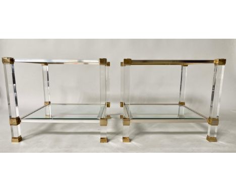 LUCITE LAMP TABLES, a pair, lucite framed and gilt and chromed supports each with two tier bevelled supports, 58cm x 58cm x 5