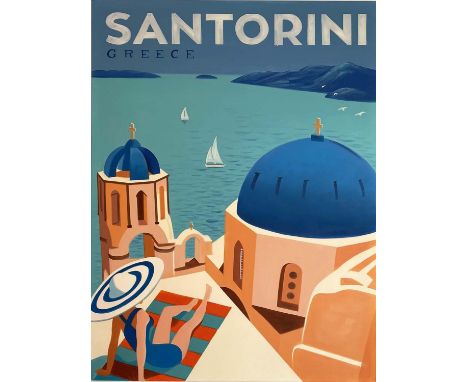 REPRODUCTION VINTAGE SANTORINI GREEK ISLAND TRAVEL ADVERTISEMENT, painted on canvas, unframed, 120cm x 90cm. 