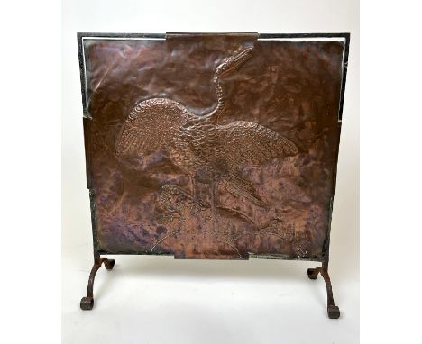ARTS AND CRAFTS FIRESCREEN, early 20th century hand beaten copper decorated with a crane with iron frame, 65cm H x 60cm. 