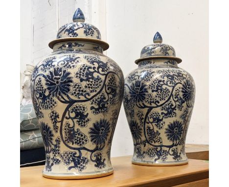 TEMPLES JARS, a pair, Chinese export style, blue and white ceramic, chrysanthemum decoration, 49cm H. (2) 