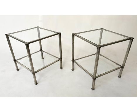 LAMP TABLES, a pair, 1960s, silvered metal, each with two tiers, 45cm sq. x 50cm H. (2) 