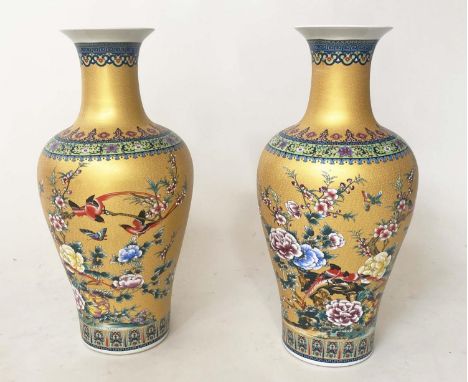 VASES, a pair, Chinese ceramic gold filigree, orchids and red winged blackbirds, 68cm H. (2) 
