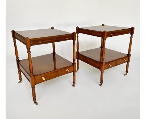 LAMP TABLES, a pair, George III design yewwood each with brushing slide, drawer and undertier, 46cm x 46cm x 59cm H. (2) 