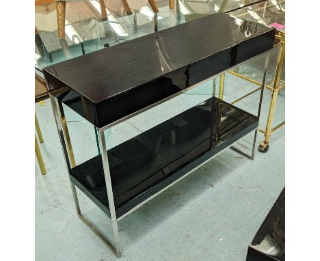 CONSOLE TABLES, a pair, lacquered two tier design, 100cm x 35cm x 80cm. (2) 
