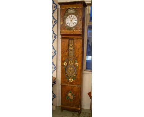 LONGCASE CLOCK, French 19th century by 'Stervinov-Daoulas', painted pine with brass and enameled face, 45cm x 228cm H. 