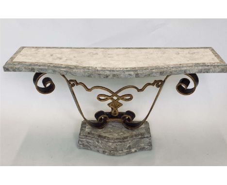 CONSOLE TABLE, travertine marble top, on gilded wrought iron support and stepped base, 140cm x 39cm x 81cm H. 